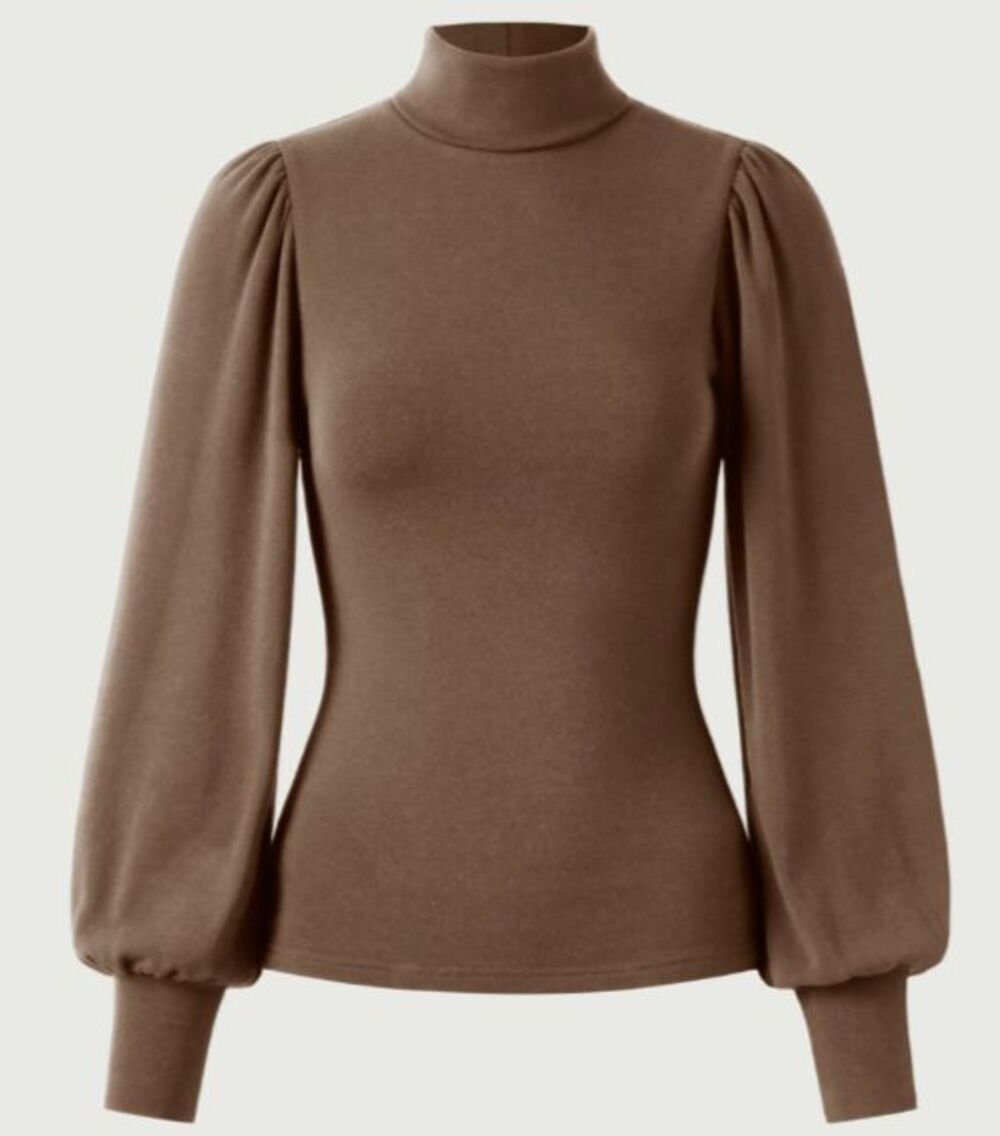OGL EcoMousse ProWarm Soft Cozyl Brown Puff Sleeve Turtleneck Top Size XS